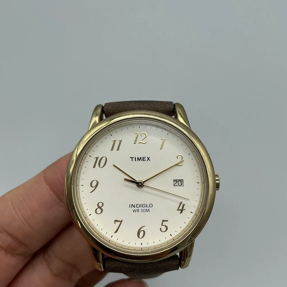 Timex Indiglo WR30M Mens Watch 35mm Cream Dial Gold Tone Leather New Battery